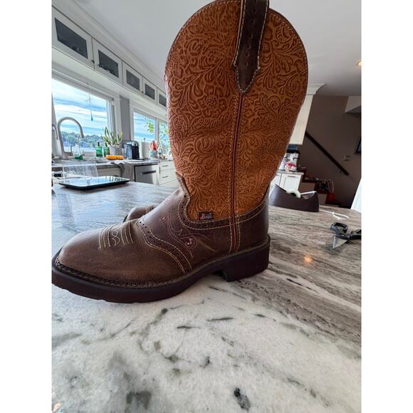 Justin Gy9530 Men’s Western Size 10B Brown Embossed Leather Pull On Cowboy Boots main image 6